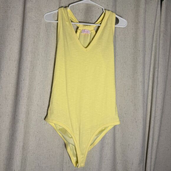 Pink Lily Tops - Yellow Ribbed V Neck Racerback Bodysuit L Sleeveless Pink Lily
